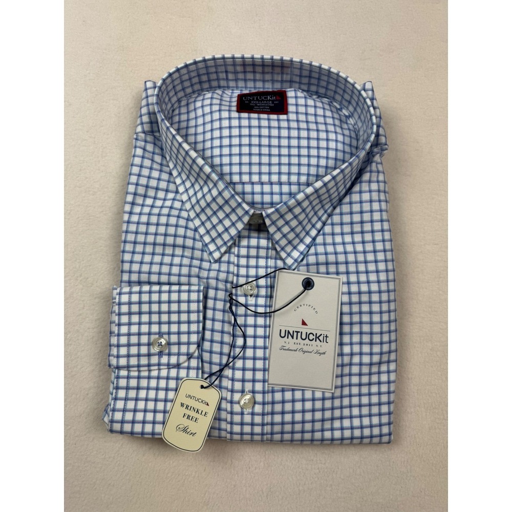 Untuckit Shirt XXXL Tall Blue Check Wrinkle-Free Delaney Button-Up NWT‎ Cotton